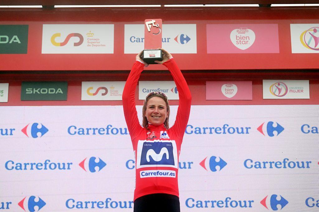 LAGOS DE COVADONGA, SPAIN - MAY 07: Annemiek Van Vleuten of The Netherlands and Movistar Team celebrates at podium as Red Leader Jersey winner during the 9th La Vuelta Femenina 2023, Stage 7 a 93.7km stage from Pola de Siero to Lagos de Covadonga 1079m / #UCIWWT / on May 07, 2023 in Lagos de Covadonga, Spain. (Photo by Dario Belingheri/Getty Images)