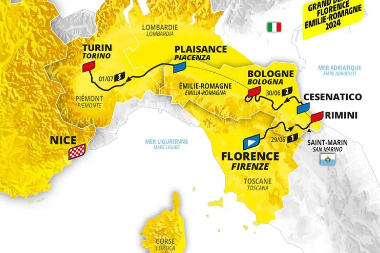 Itinerario de las tres primeras etapas del Tour de Francia por tierras italianas. Fuente: LeTour